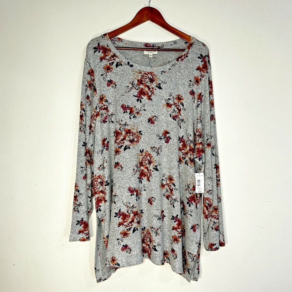 Studio B Bobeau Womens Long Sleeve‎ Plus Size 3X Floral Sleeve Gray Blouse NWT